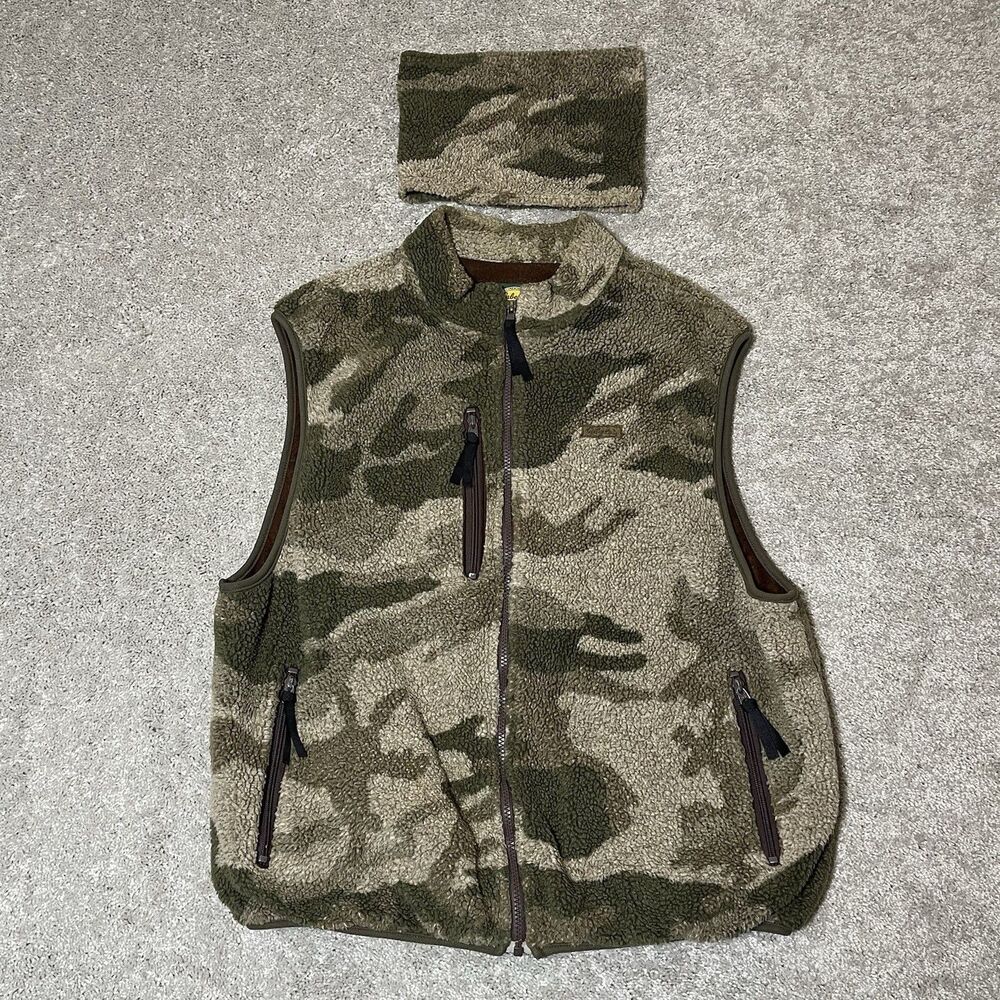 VINTAGE Cabela’s Berber Fleece Camo Hunting Zip Vest + Neck Gator - Mens Large